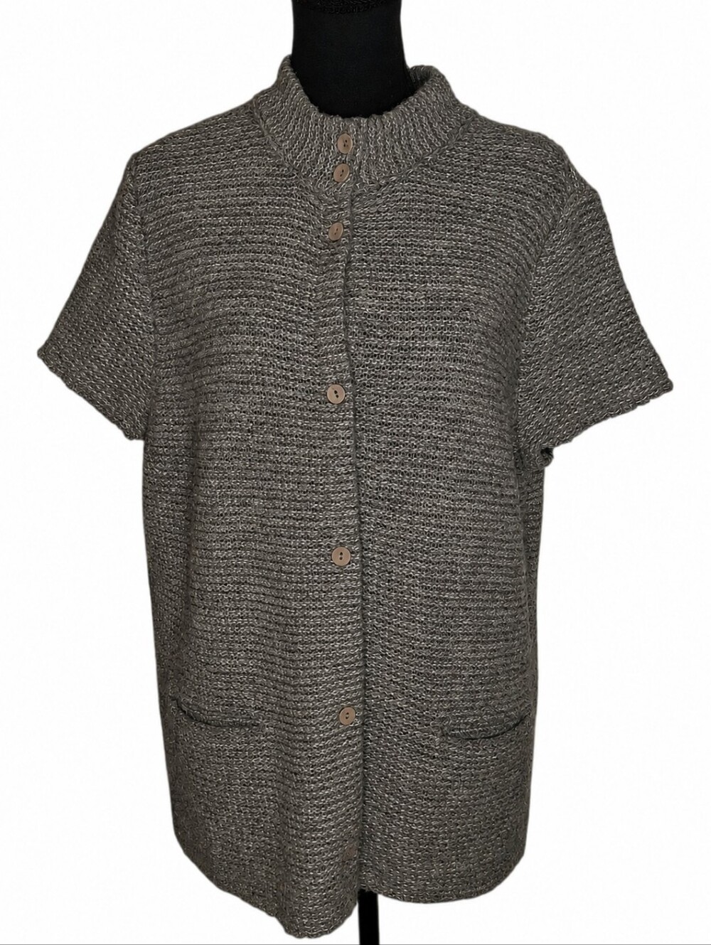 Eileen Fisher Wool Mock Neck Short Sleeve Fuzzy Cardigan Sweater Sz Lg Gray